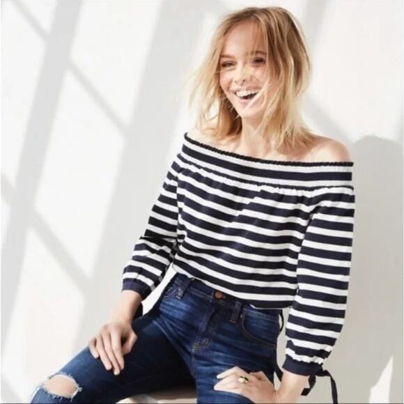 J. Crew Striped Off The Shoulder Top Navy Blue White Bow Sleeve G2549 Size L - Picture 1 of 13
